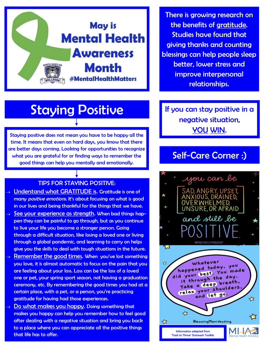 Mental Health Awareness Month: Staying Positive💙 Practicing #GRATITUDE &amp; staying #POSITVE are good for your mental health! Check out this weeks flyer ☺️#MentalHealthMatters #MentalHealthAwarenessMonth  @PrincipalRMMS <a href="/rmms_s/">RMMS Principal</a> <a href="/rmmsguidance/">RmmsGuidance</a> @NBSPED