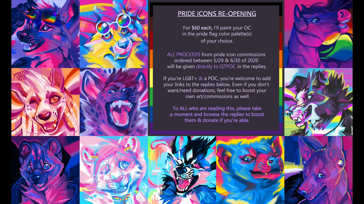 COMMISSIONS ARE OFFICIALLY OPEN https://yodelinyote.carrd.co/ ALL proceeds from Pride icons will go to the donation links of QTPOC in the replies of this post. Even if you don't commission me, please consider following, donating to, and boosting QTPOC in the replies.(1/2)