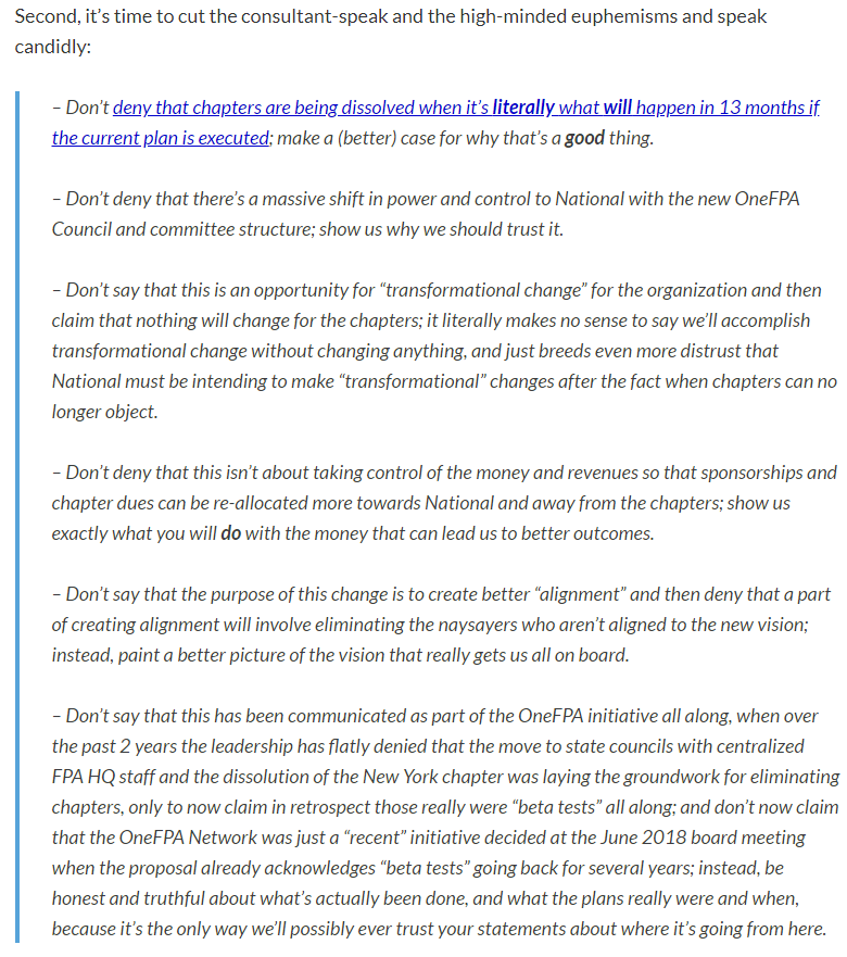 That's not to say that FPA doesn't have some structural challenges, or even that it was a bad idea to consider the OneFPA Network. As I noted throughout, 'on paper' consolidating FPA made sense; the problem was horrific execution that failed to get any buy-in from stakeholders.