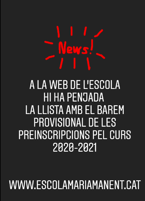 EscMariaManent's tweet photo. Ja han sortit les llistes baremades de la preinscripció 2020-21. Les podeu consultar al web del centre https://t.co/coWaEPD5Ia https://t.co/yloas8k13H