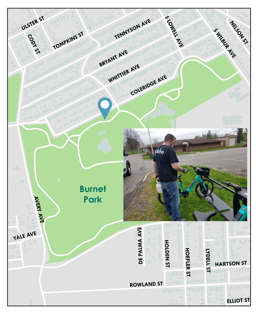 Check out the station at Burnet Park, near the Arts and Crafts Facility parking lot. Gotcha will be cleaning and sanitizing the bikes often! 🚲