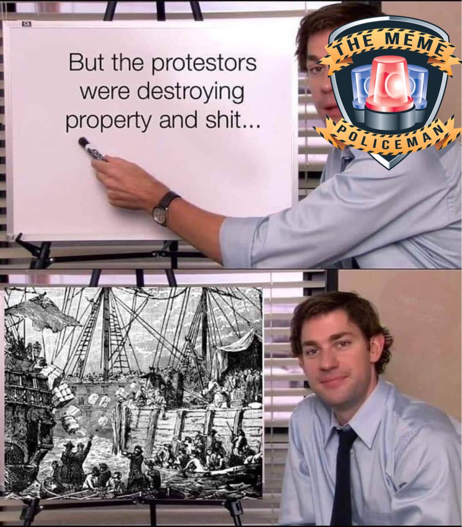 Lots of requests for this. This is an effective meme as there is some truth to it. The Boston Tea Party was a protest which destroyed property and is generally remembered fondly today. But this is a shallow take, as there are many key differences with the Minneapolis riots.