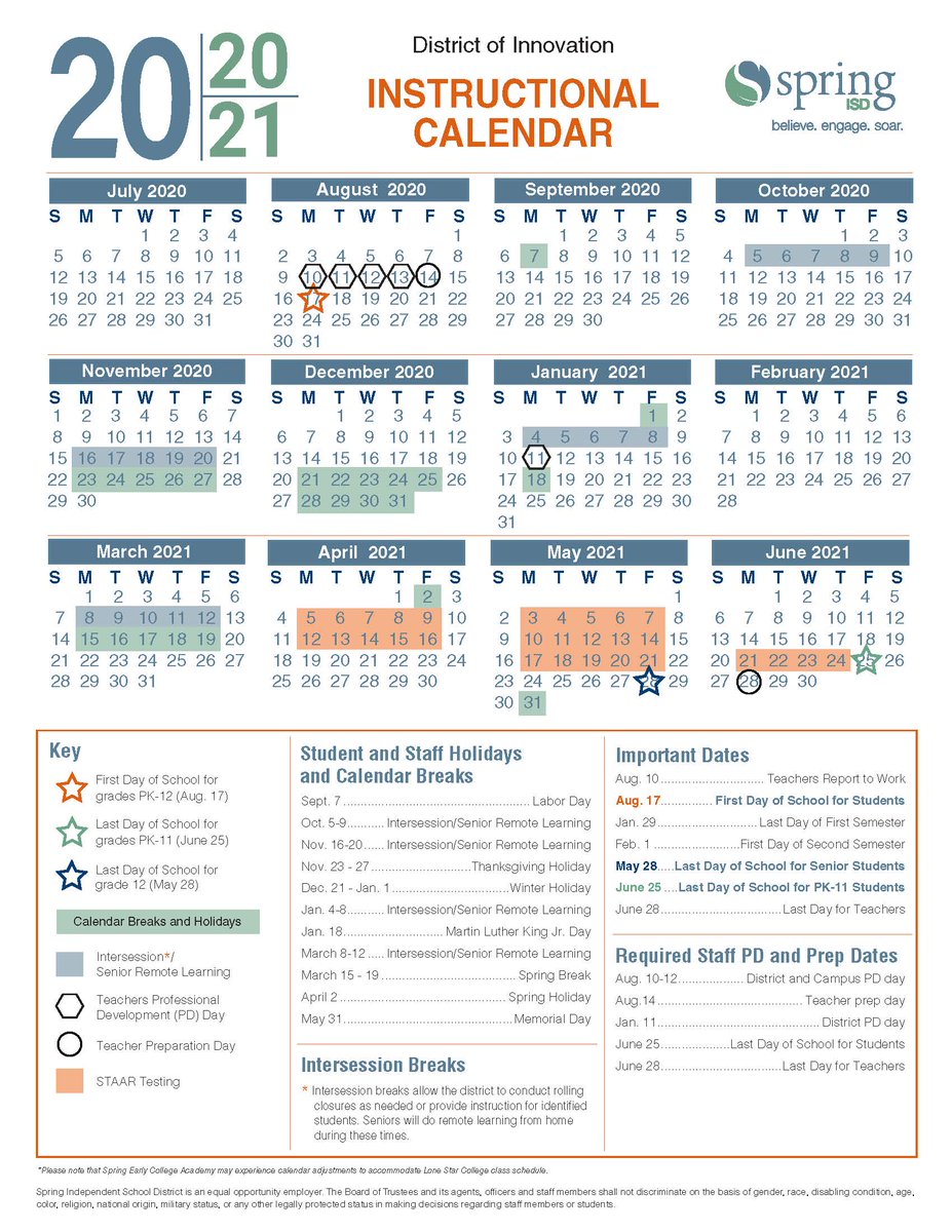 The Spring ISD Board of Trustees approved a revised 2020-21 Instructional Calendar that incorporates recommendations from the TEA where intersessional breaks are embedded to better enable us to respond to potential COVID-19 interruptions. Read more: bit.ly/2TQOwSg