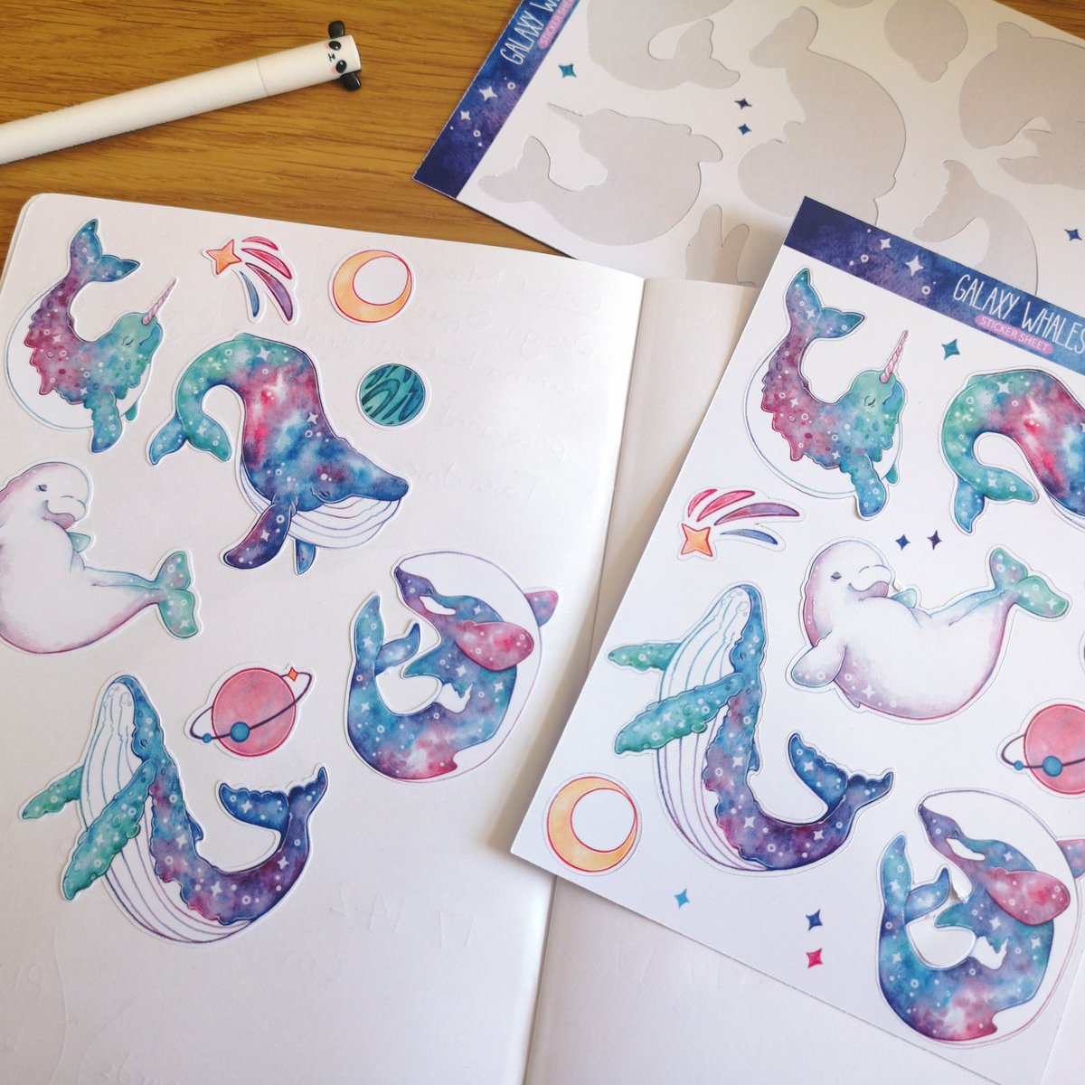 MoonshadeArt's tweet photo. Testing out my first sticker sheet and I'm super happy with the results 😍 
#moonshadeillustrations #stickers #stickers #journaling #journalinspiration #galaxy #galaxyaesthetic #whales #space #orca #bluewhale #belugawhale #humpbackwhale #narwhal #space #shootingstar #animalart https://t.co/B3QCzxlFPW