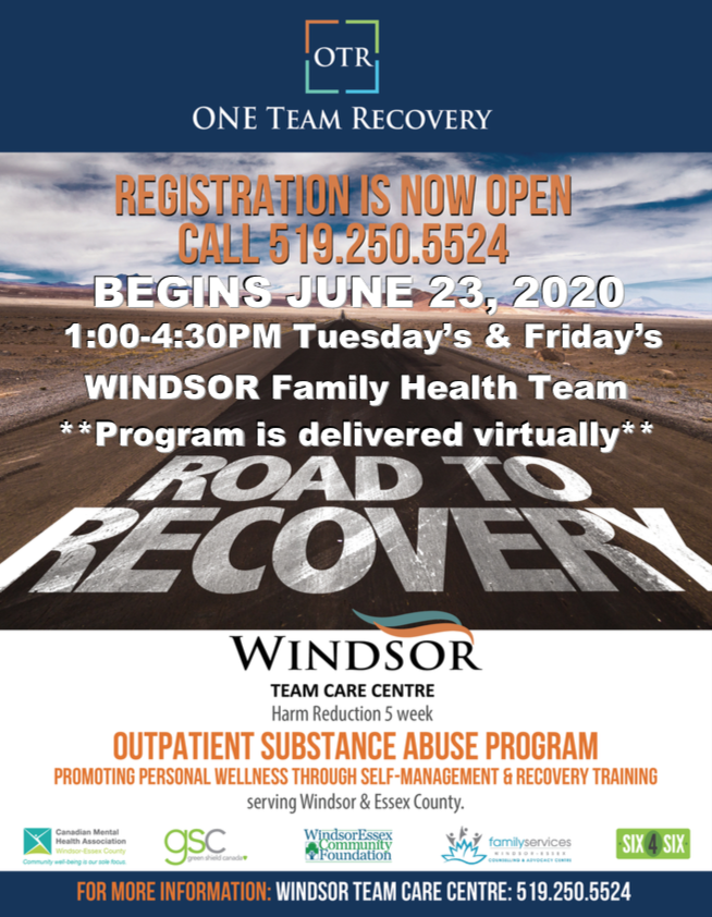 TeamCentre's tweet photo. The next session of the virtual OTR substance abuse program is quickly approaching! Call #WindsorTCC at 519-250-5524 today. @CMHAWECB @FamServWE @WECFoundation @GSC_1957 #GSCSIX4SIX https://t.co/s3tI2JPeIg