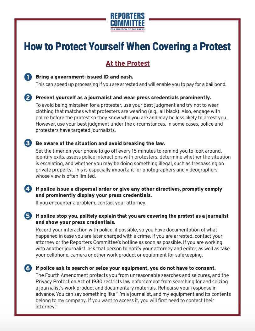 . @rcfp has a tip sheet that describes ways journalists can protect themselves while covering protests.Save, screenshot, share:  https://bit.ly/2Y1afK2 