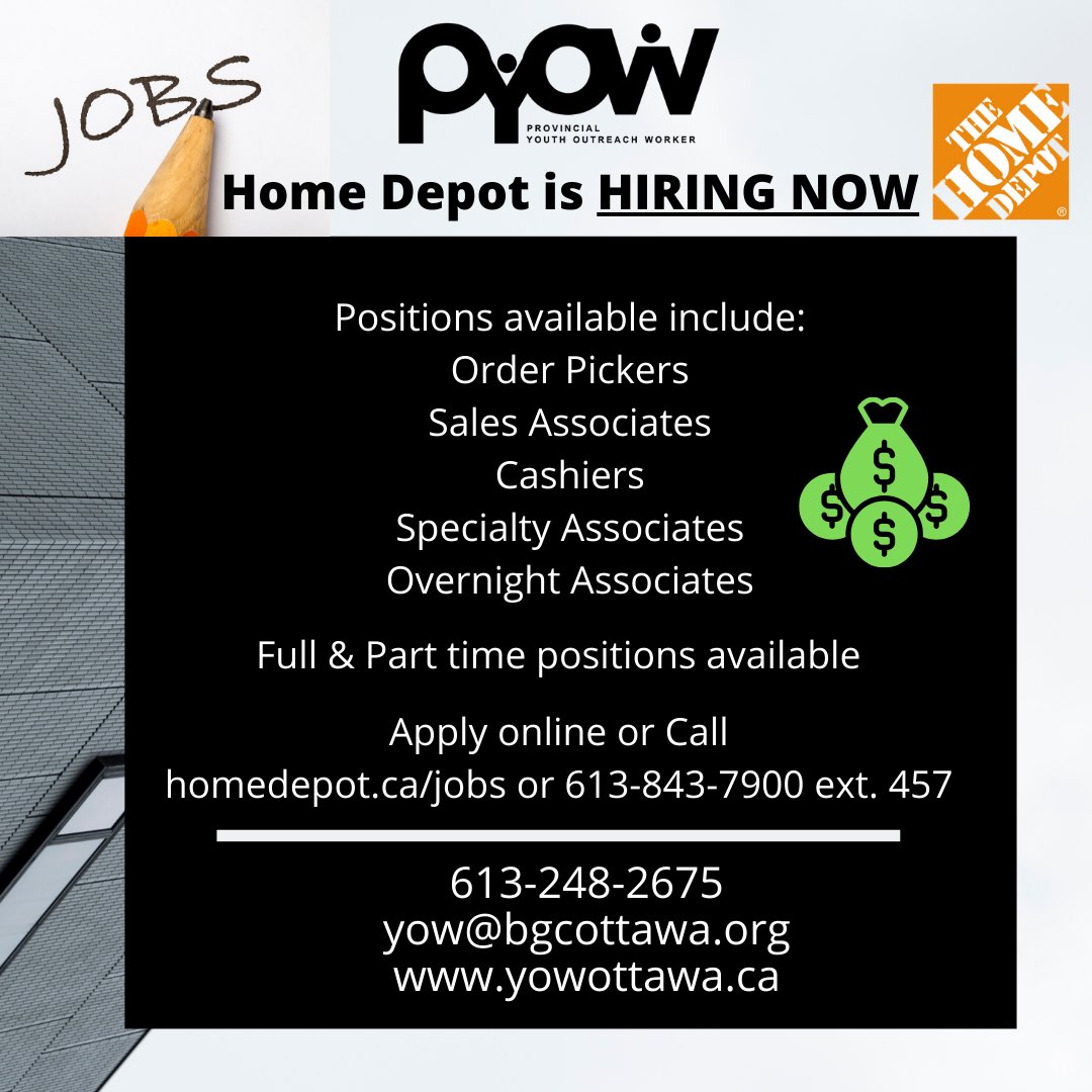 Looking for work? <a href="/HomeDepot/">The Home Depot</a> is hiring now! #jobs #youthjobs #youth #pyow #Ottawa