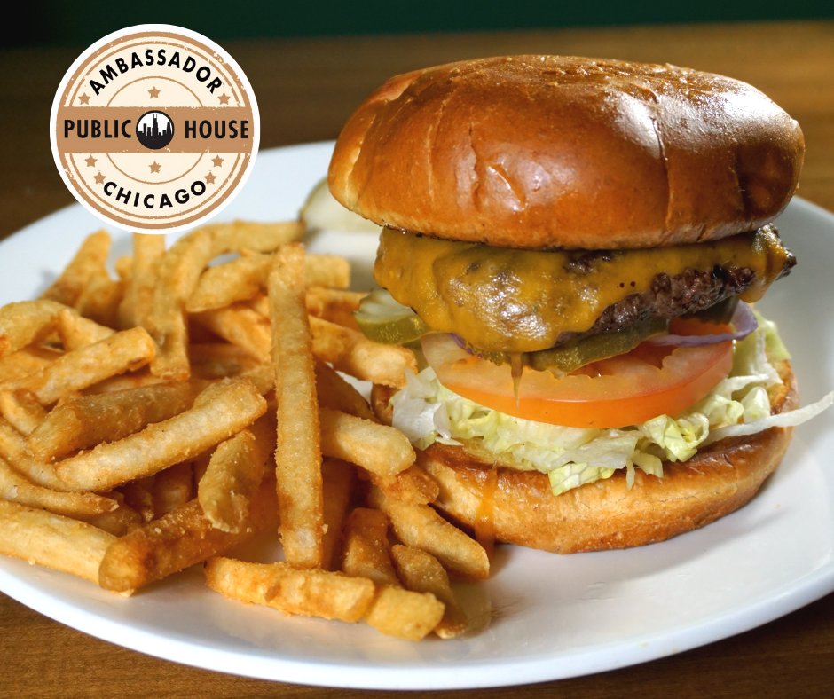 AmbassadorPub's tweet photo. Build Your Own Burger 
8 oz black Angus burger with lettuce and tomato, served on a brioche bun with your choice of french fries, sweet potato fries, waffle fries or mashed potato, and a pickle.

#westloop #angusburger #guinness #bestguinnesspour https://t.co/XwG81tNZGn