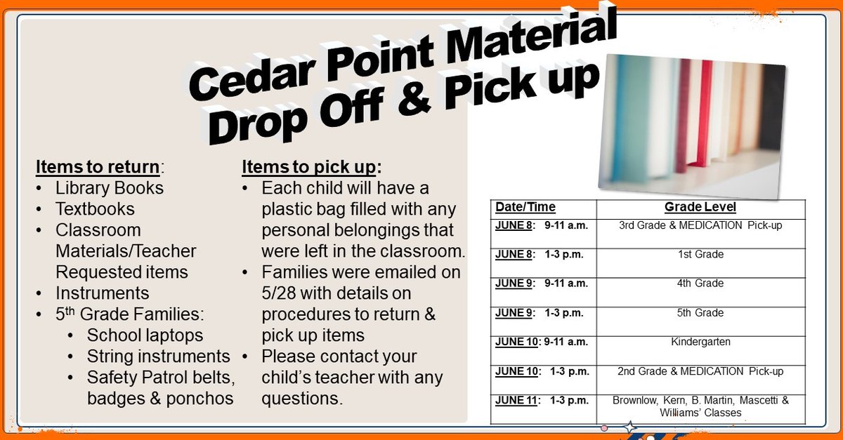 CPES_Cheetahs's tweet photo. We are getting ready to return student belongings and collect school materials the week of June 8-12. Each grade level has an assigned date &amp; time and this process will be done in the front bus loop. Parents received an email with all of the details today. #CPChampionCheetahs https://t.co/8SdoKFXebJ