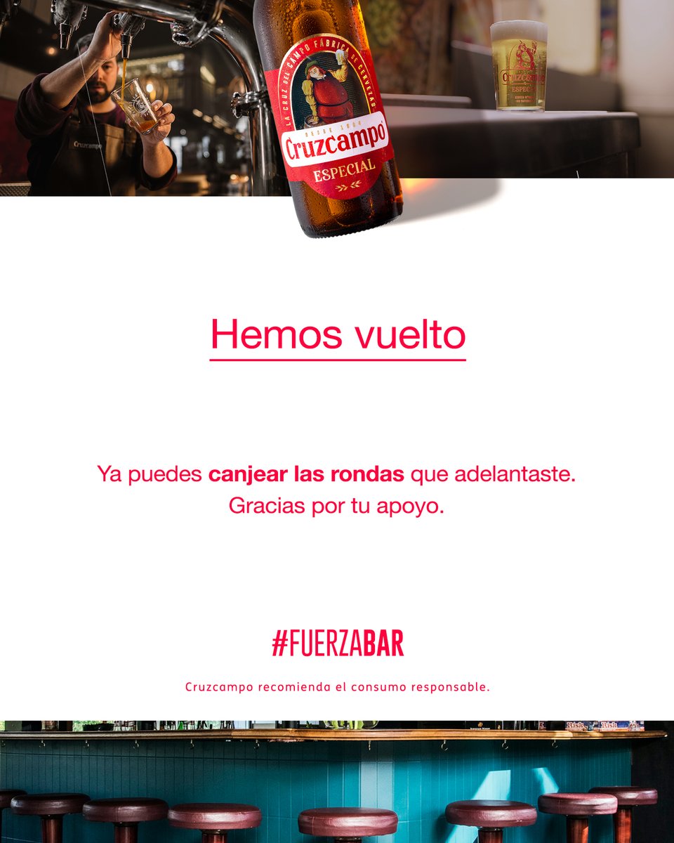LaIndustrialCer's tweet photo. ¡Hemos vuelto!  Ya puedes canjear las rondas que adelantaste en #FUERZABAR @Cruzcampo https://t.co/OH5JiMnTmZ