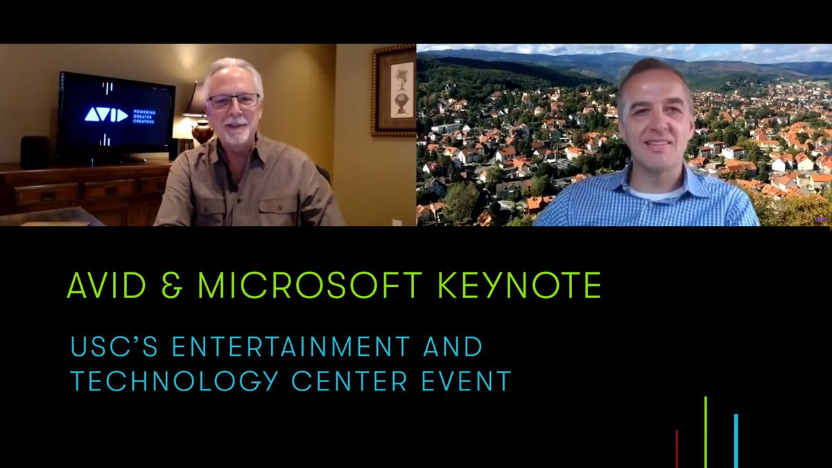Avid's tweet photo. What's in store for the future of the media &amp; entertainment industry? Avid's @JeffJRosica and @Microsoft @Azure's Hanno Basse joined @ETCatUSC’s live webinar

WATCH THE KEYNOTE ▶️ https://t.co/lhQB5FU4zs
⠀
#avid #microosoft #cloud #media #technology #azure #broadcast https://t.co/CyzAW2j599