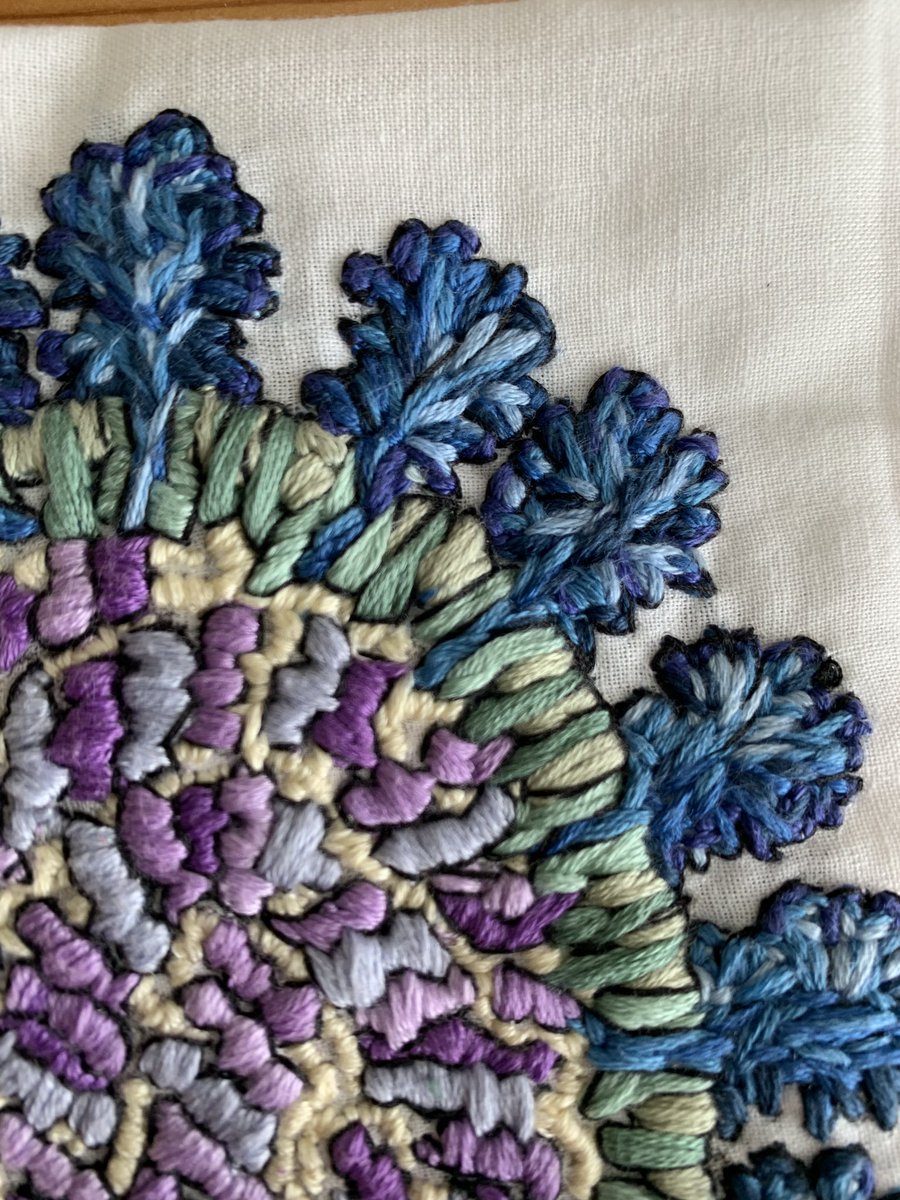 LiaParkin's tweet photo. Finally finished a SARS-CoV-2 embroidery based off of @dsgoodsellโs Coronavirus painting and coloring page! ๐ฆ ๐ฌ#SciArt #coronavirus #embroidery #pdb101 https://t.co/R8kVXneEMX
