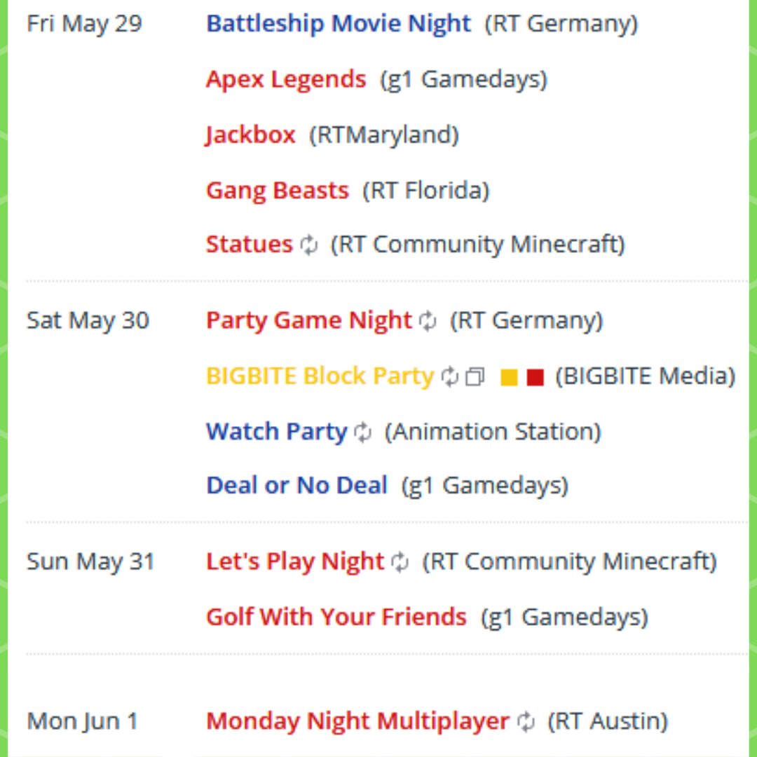RTW_Community's tweet photo. The weekend has arrived! And with it, all of these #RTCommunityEvents! So if you need stuff to do, go check in with @rt_germany @g1_Gamedays @RTMaryland @RT_Florida @RT__Minecraft @BIGBITEmedia @RT_AnimStation and @RTAustinTX on Monday!
Details: https://t.co/rlwhIOcCti #RTWCC https://t.co/Zqqbbzbty5
