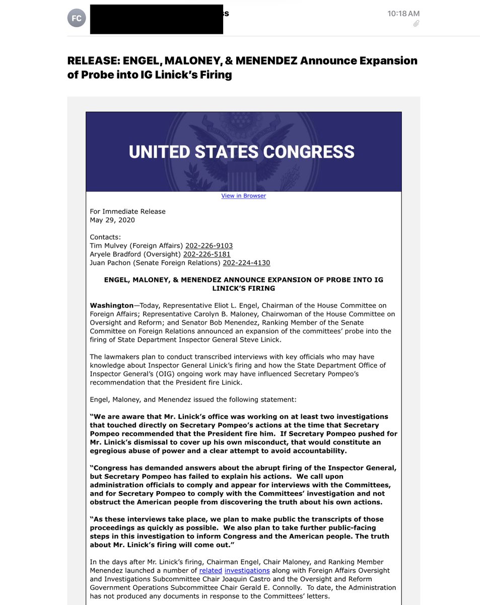 INBOX @SecPompeo PROBE IS EXPANDING“transcribed interviews with key officials who may have knowledge about IG Linick’s firing and how the  @StateOIG ongoing work may have influenced Sec Pompeo’s recommendation that the President fire Linick”whispers OIG was “cleared re leaking”