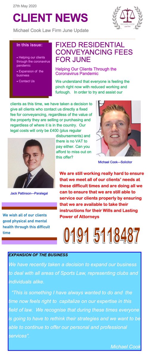 MCLFtweets's tweet photo. @MCLFtweets are pleased to release our quarterly newsletter for June 2020.

We would appreciate it if as many people as possible could give this post a share.

#Newsletter #June #Law #Tyne&amp;Wear #Houghton #Commercial #Sport #Conveyancing #FixedFee https://t.co/WqEkUz48Bd