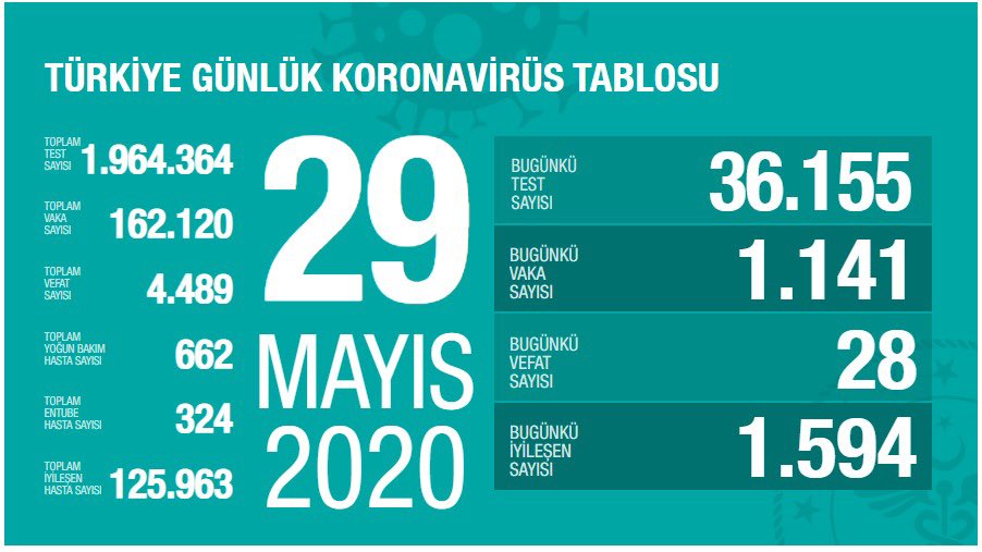 29 Mayıs 2020 Türkiye koranvirüs tablosu