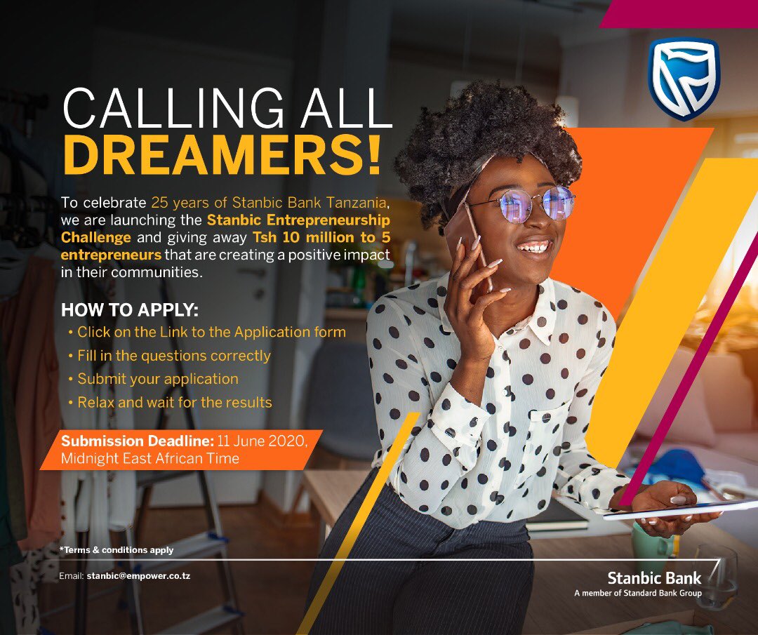 We are delighted to be supporting @StanbicBankTZ with their 25th Anniversary Entrepreneurship Challenge

If you are a Tanzanian Entrepreneur with a 2-year old business, apply today and win TZS 10 million 🇹🇿

💡forms.microsoft.com/Pages/Response…

#DreamBigWithStanbic 
#25YearAnniversary