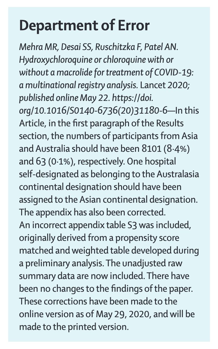 13/ Les auteurs de l'article dans The Lancet ont publié un erratum.L'erreur d'attribution d'un hôpital a été réparée. Une partie des questions n'étaient pas pertinentes et venaient du fait que "Australasia" n'est pas "Australia".