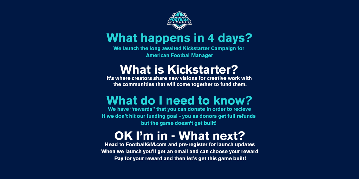 FootballGMGame's tweet photo. Football GM - The Kickstarter countdown continues!

What you need to know....

#Kickstarter #Countdown #Crowdfunding #NFL #Football #Touchdown #AmericanFootball https://t.co/MjaXCS3BQg