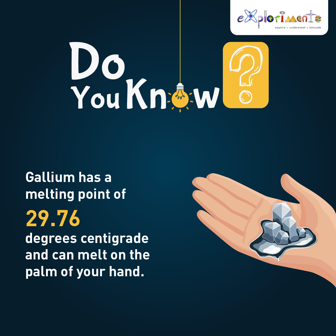exploriments's tweet photo. Simply place a piece of gallium in the palm of your hand and let the warmth of your body heat do the work! The melting point of gallium is 29.76 C (85.57 F), so it will readily melt in your hand or in a very warm room.

#Exploriments #InterestingFact #DoYouKnow #ChemistryFacts https://t.co/AI7Q2kH6DU