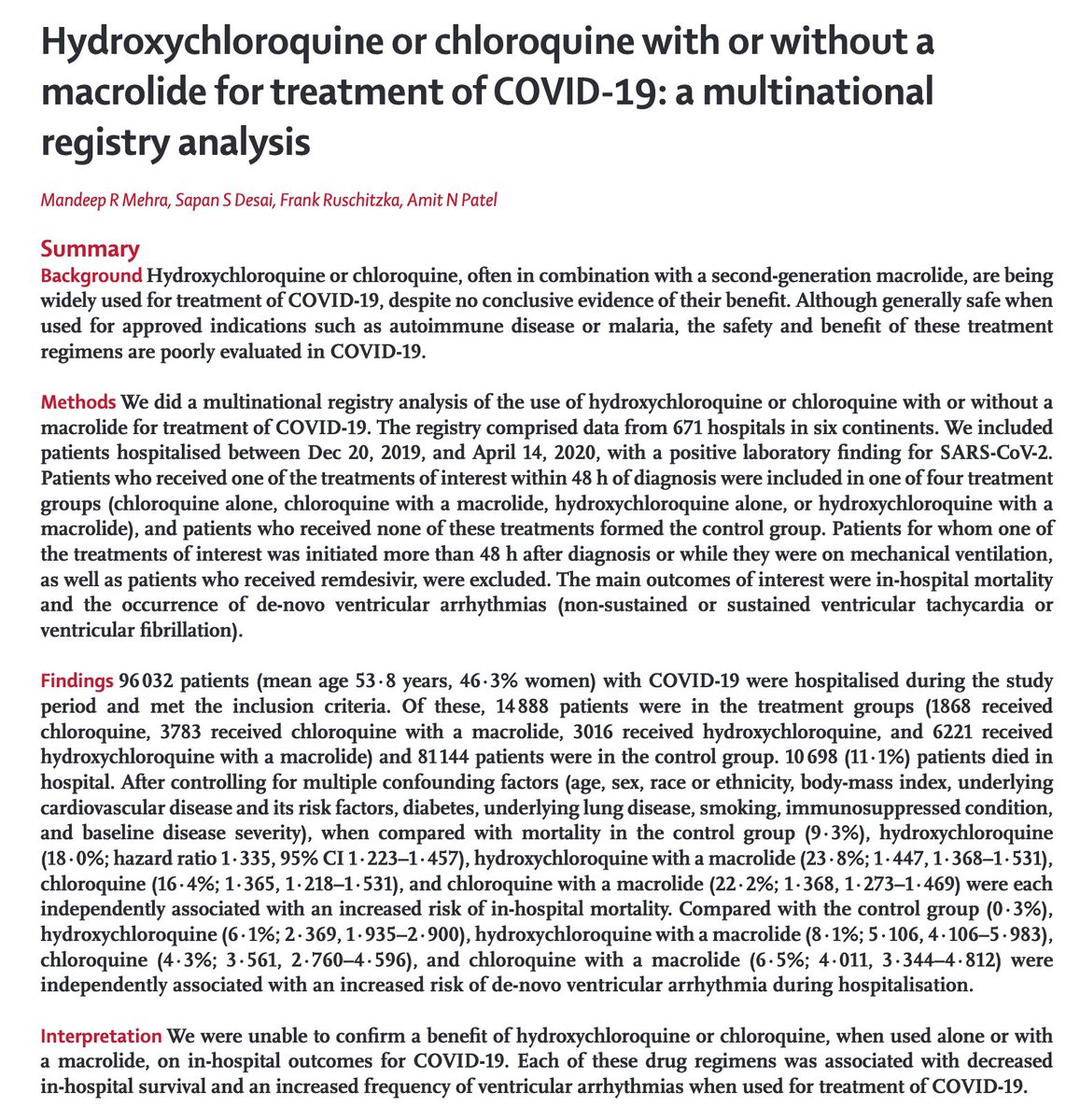 15/ L'article lui-même n'a évidemment pas changé, et en particulier pas ses conclusions. Il reste à ce que les auteurs mettent à disposition les données pour des contre-analyses sous l'égide de l'OMS. https://marlin-prod.literatumonline.com/pb-assets/Lancet/pdfs/S0140673620311806.pdf