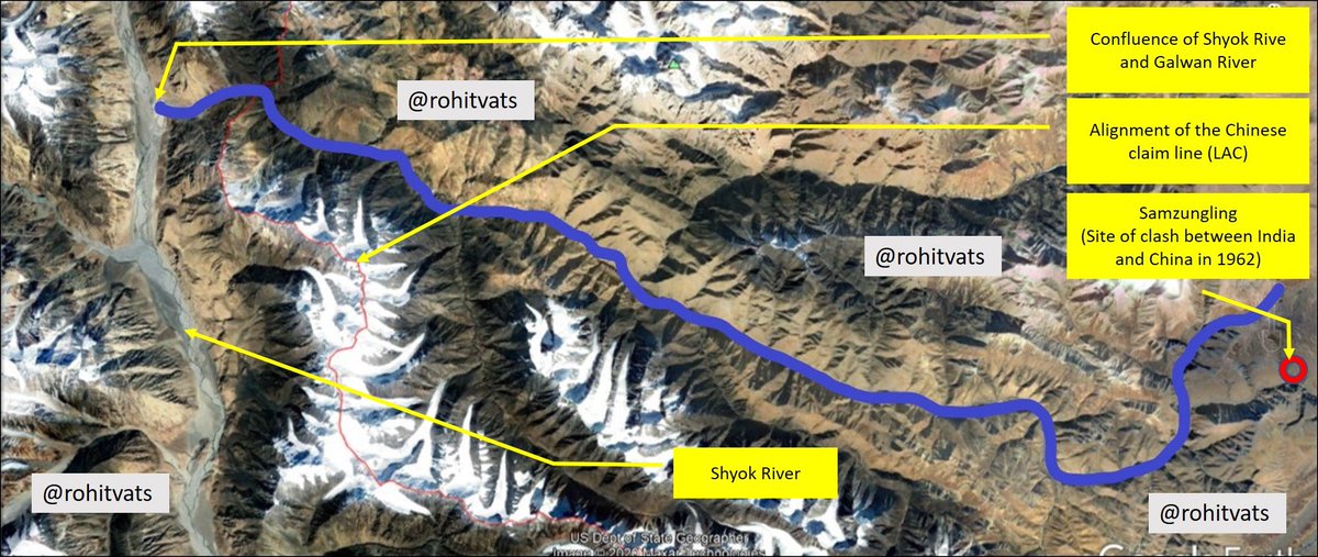 Some relevant maps which I had made earlier, when this stand-off had just been reported:- Map 1: Important landmarks and area of current face-off (Galwan River)- Map 2: Galwan River (blue line) along with alignment of Line of Actual Control (as per Google Earth) in the region.