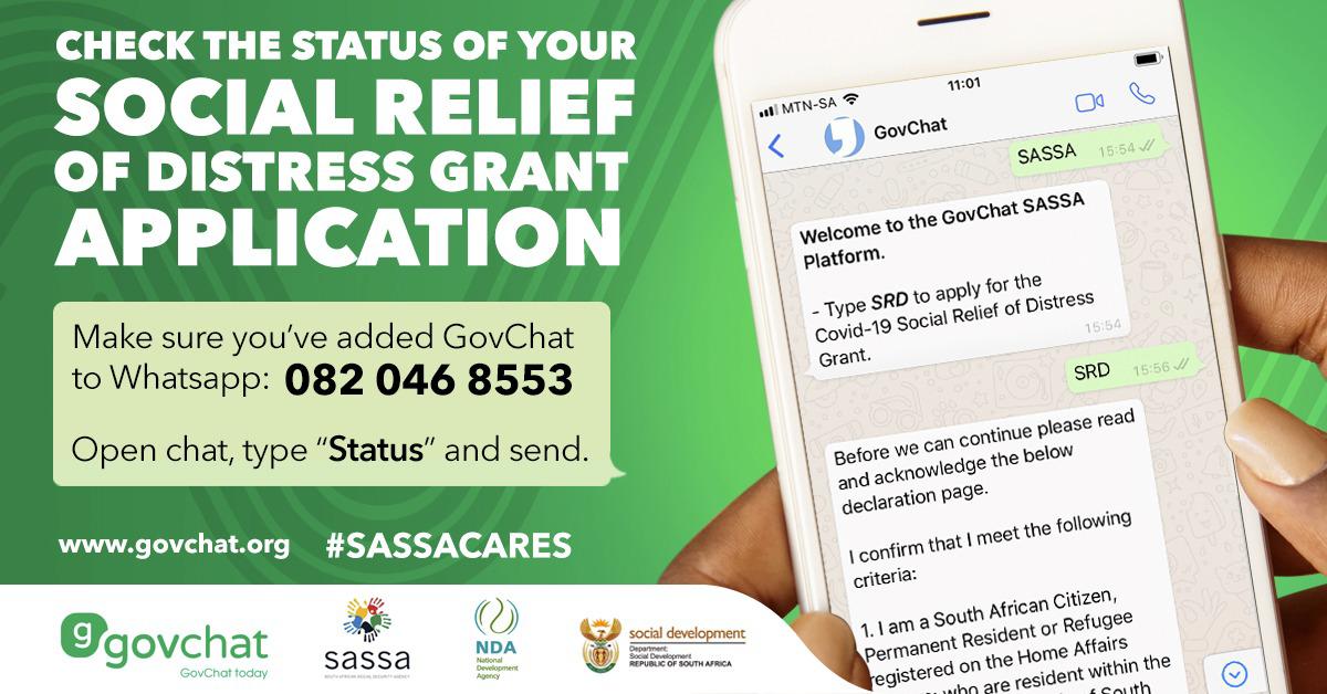 Sassa On Twitter You Can Also Check The Status Of Your Covid 19 Srd Application Via Whatsapp Type Status And Send To 082 046 8553 Sassacares Https T Co Bm0tveopsy