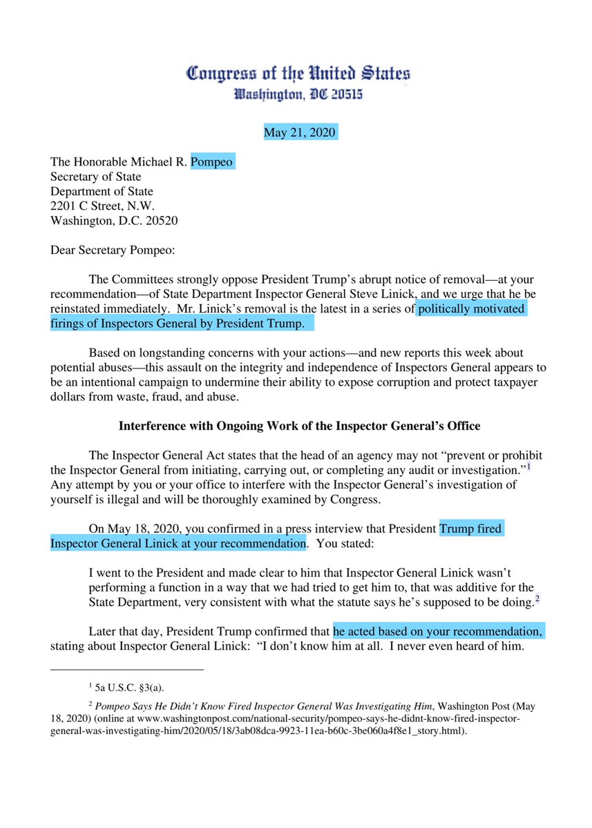 Meh you & Susan are no Mr & Mrs Madison too5/21/20“...Linick made some type of inquiry to the protocol office last week, before he was fired. One of the officials said Pompeo's office was then notified”Failure to comply with Congress, subpoenas & depos you have until 6/4/20