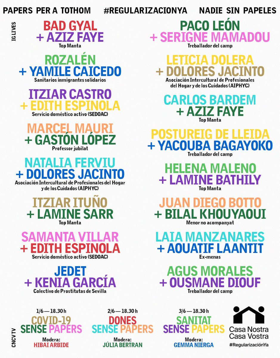 Actualitzem cartell amb convidats de luxe! ⚡️ Noves converses i taules rodones sobre migració, refugi, dones, racisme, sanitat, drets i oportunitats. 

📆 Acabarem la setmana amb 3 Instagram Lives i començarem la setmana vinent amb 3 taules rodones a YouTube. 

📲 Comparteixes?
