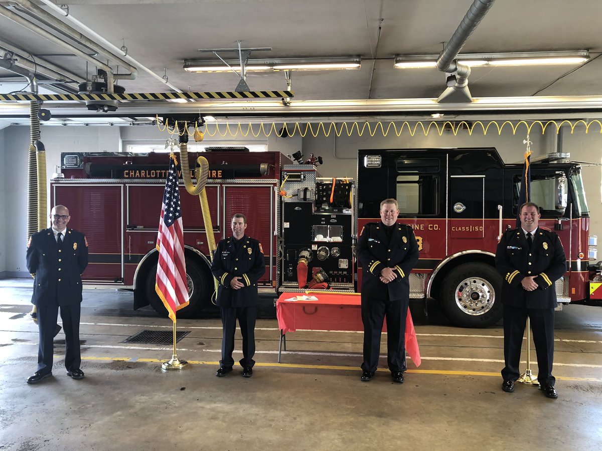 Congrats to <a href="/CvilleFireDept/">Charlottesville Fire</a> newest two captains and battalion chief!  COVID prevented a real ceremony...  Nice work, gentlemen!
