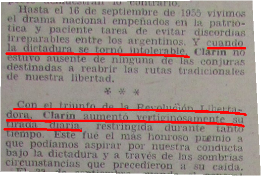 3.Clarin se refiere al Gobierno de Perón como una dictadura y cuenta que se puso enseguida del lado de los golpistas de 1955.Y que, a partir de eso, aumentó su tirada.