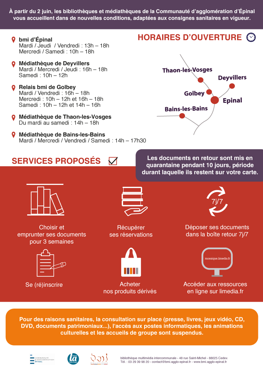 bmiepinal's tweet image. #deconfinement #reouverture
A compter du 2 juin, les bibliothèques et médiathèques de la Communauté d'Agglomération d'Epinal vous accueillent dans de nouvelles conditions, adaptées aux consignes sanitaires en vigueur.​
🛒#bibliodrive🛒
Possibilité jusqu'au 1er juin inclus