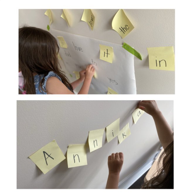 Mrs_DimasR's tweet photo. Who says you can’t have fun with Post-its? Kinder sight word match and lil sis is learning the letters of her name 🤗#ocsbAtHome @StJamesOCSB @StJamesk3s https://t.co/fn6F2lM31g