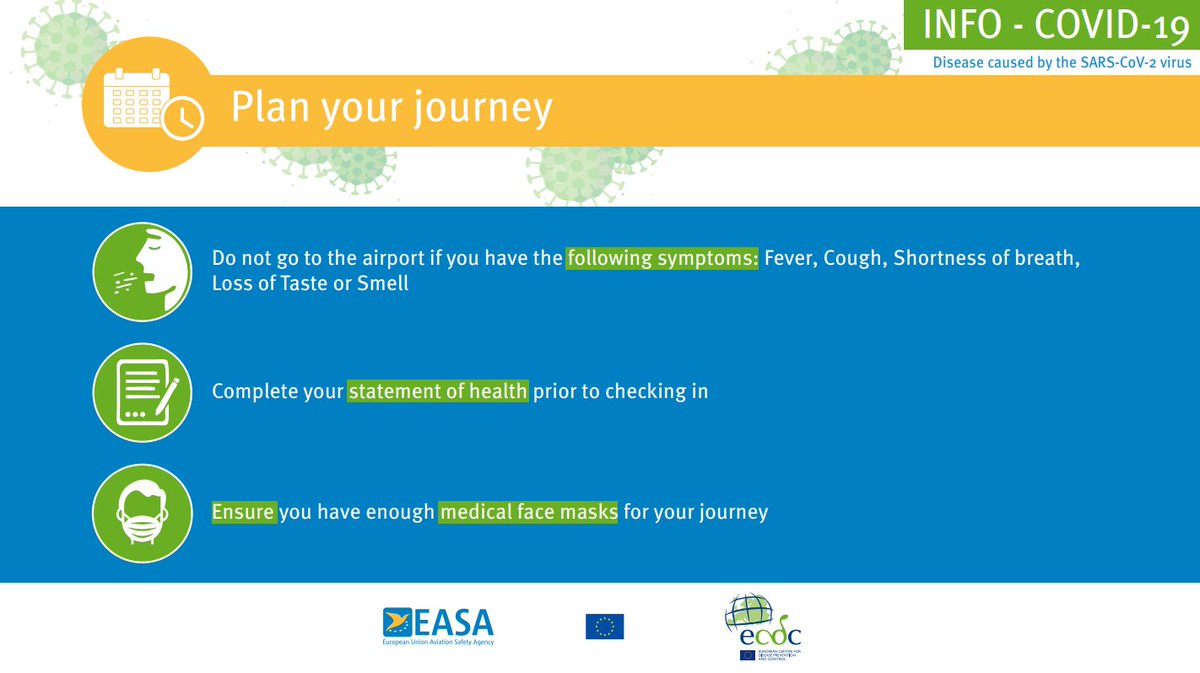 ECDC_EU's tweet photo. We have recently prepared with @EASA a set of guidelines for a safe re-introduction of #AirTravel in Europe, considering the #COVID19 situation.

In this thread you will find a graphic recap of our report's highlights (see here: https://t.co/PvYkCqCkiQ).

1. Plan your journey! https://t.co/pFBaLNvkU5