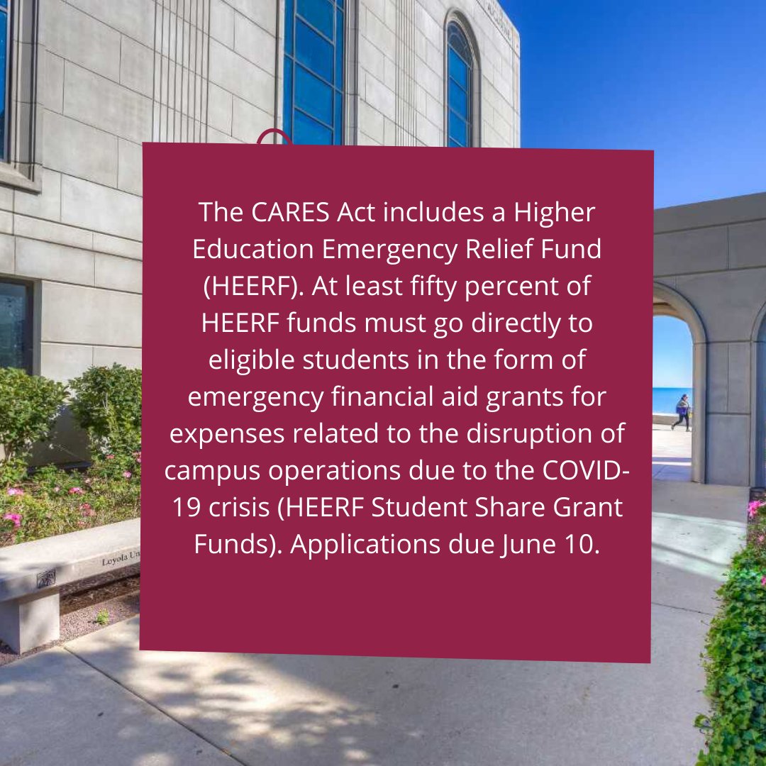 Emergency financial aid grants are available to undergraduate and graduate students. Visit forms.luc.edu/heerf/login for more information. Priority applications due June 10. #OnwardLU