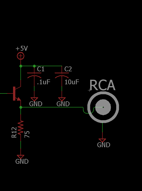 This is the crucial part that's missing. This is the final staging amplifier that is required to properly drive the muxxed, composite video to a proper amplitude with PROPER impedance control and PROPER DC rejection. You HAVE TO HAVE THIS SHIT.  @Hyperkin, I'm talking to you.