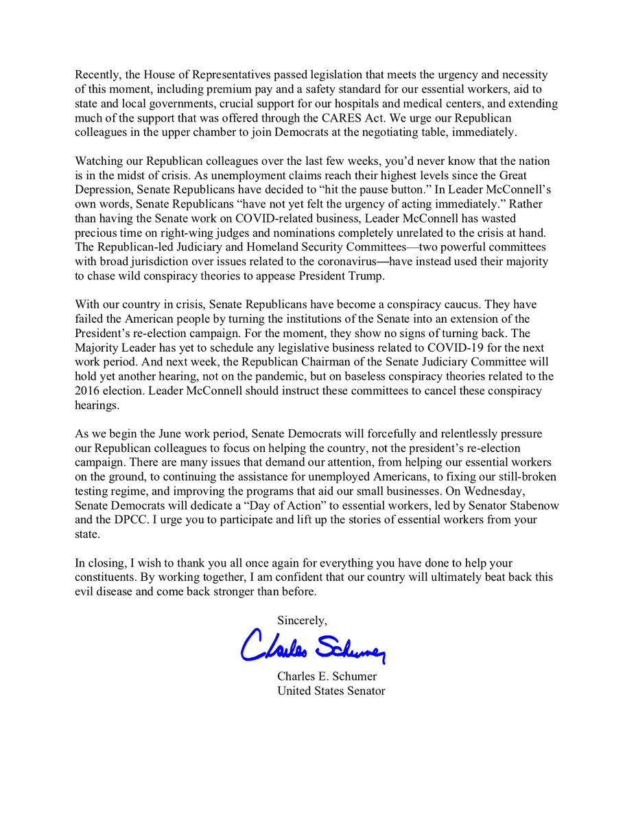 Page 2 of the letter Senator Schumer sent to the Senate Democratic Caucus ahead of the upcoming Senate session.