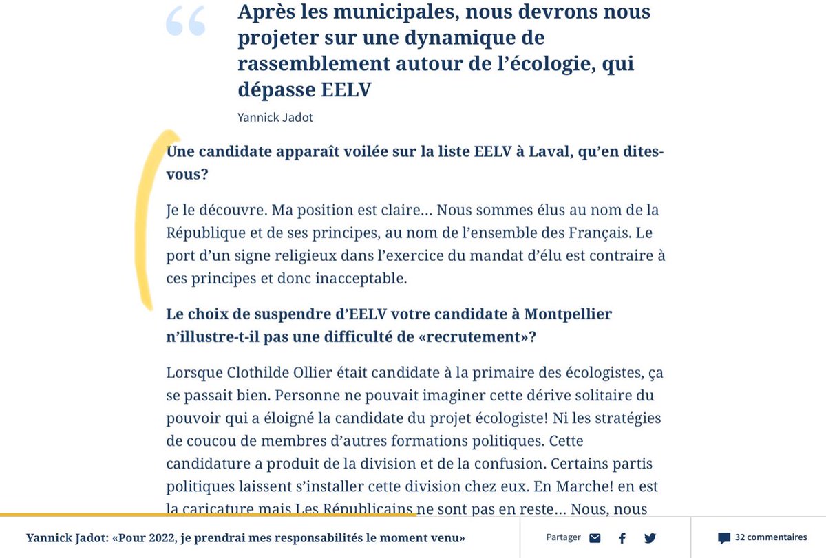 4/7 Yannick  #Jadot, eurodéputé  #EELV, y est opposé : « Nous sommes élus au nom de la République et de ses principes, au nom de l’ensemble des  . Le port d’un signe religieux dans l’exercice du mandat d’élu est contraire à ces principes et donc inacceptable. »