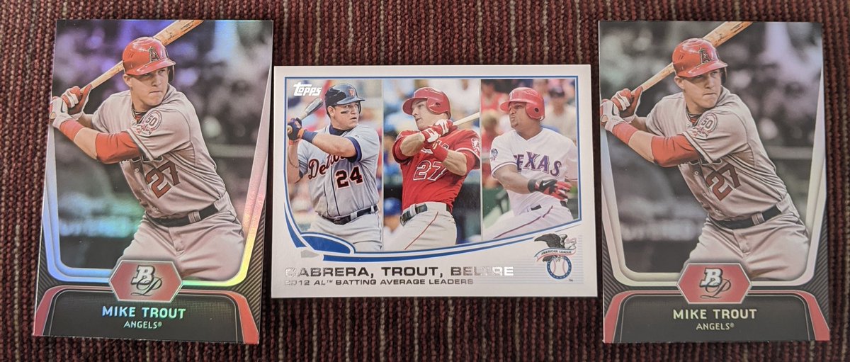 (2) 2012 Mike Trout Bowman Platinum card. Also a league leaders batting average card with Cabrera-Trout-Beltre.