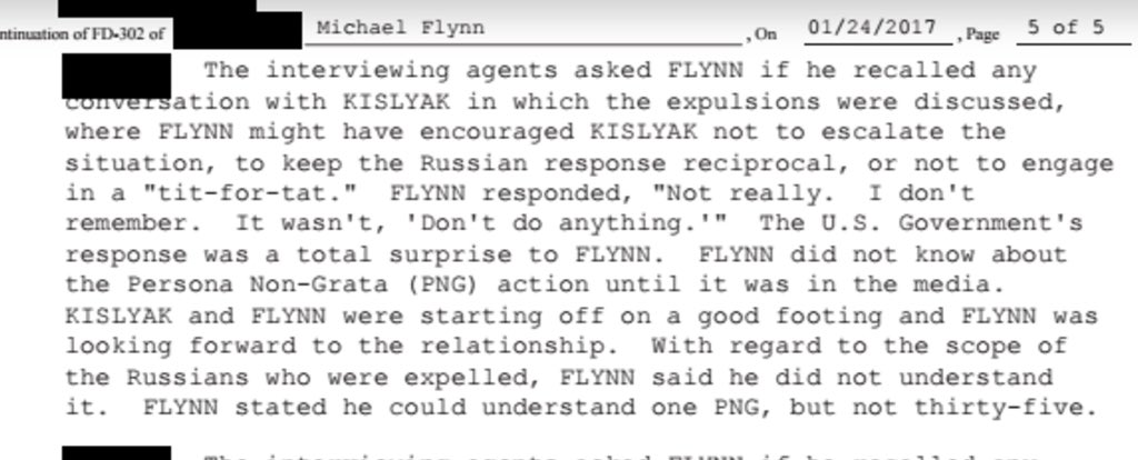 And here’s what Flynn said to the FBI. It’s clear beyond any reasonable doubt that he lied, even apart from the fact that he admitted twice in court that he lied.