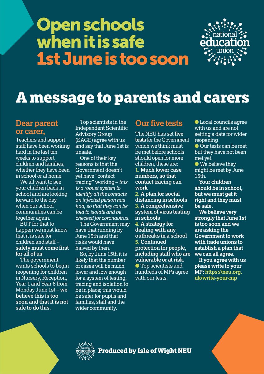 This is why the teachers and the scientists and the Public Health officials are concerned. Our recovery from this virus crisis is very fragile - we still are on Alert 4. Italy, Spain, Ireland, Scotland, Wales - are not opening their schools until the next academic year. 4/8