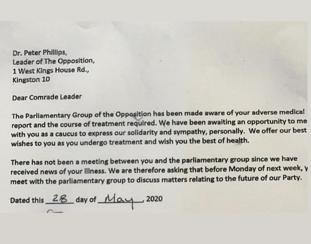 UPDATE: The letter was written yesterday as concerns are mounting in the Opposition PNP about Dr. Phillips' leadership and the party's chances at the next General Election.