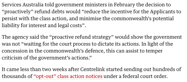 The leaked advice also shows the decision to announce the refunds yesterday, on the eve of court-ordered mediation, was a ploy "reduce the incentive for the Applicants to persist with the class action".  #auspol  #robodebt
