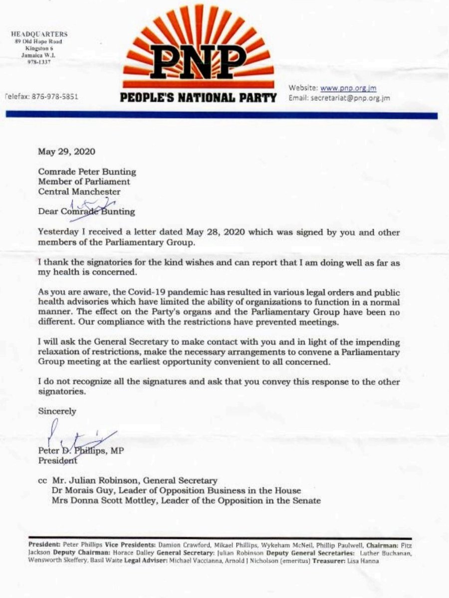 UPDATE: Dr. Phillips responded today to the letter which was signed by the 15 Opp MPs. He addressed his response to Peter Bunting.The PNP President said he's doing well & would ask the Gen. Sec. to organize a meeting of the Parliamentary Group at the earliest opportunity.