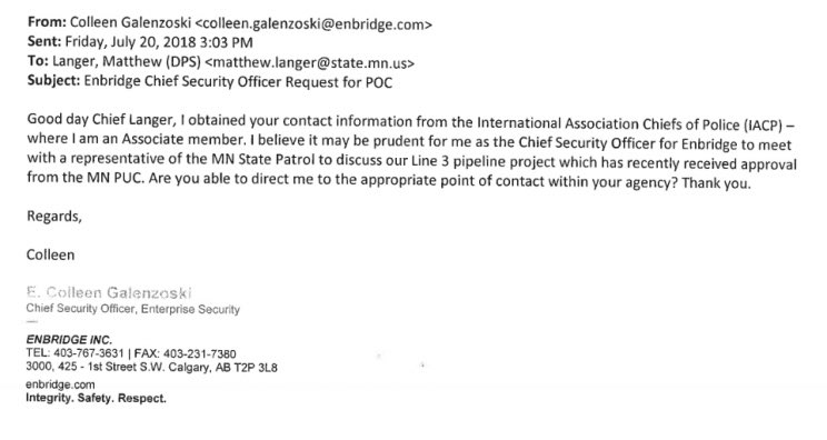 After an introduction via the shadowy private nonprofit ‘International Association of Chiefs of Police’,  @Enbridge oil private security staff were able to directly request government assistance in dealing with potential future pipeline protests from concerned MN residents