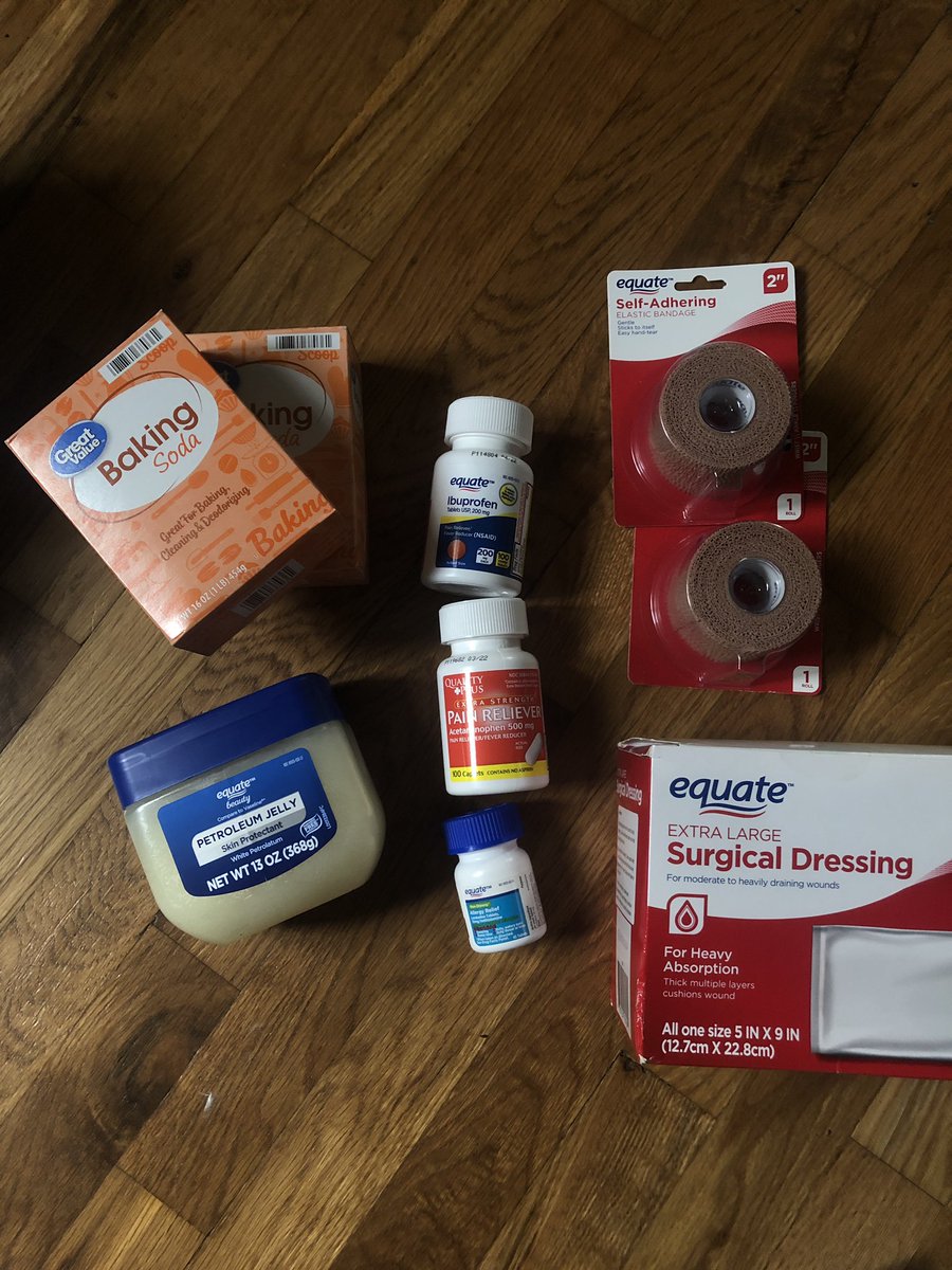 Baking soda for tear gas relief (empty spray bottles, 8 oz water 3 TBS baking soda), Advil, Tylenol, and an antihistamine. Hemostatic dressings, gauze, bandages of different sizes. Medical washes. Multi purpose tape. Vinyl gloves. Rubbing alcohol. Personal wipes.