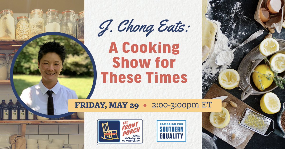 SouthernEqual's tweet photo. Starting in 10 minutes! The next episode of #JChongEats, a virtual cooking show where you can learn some healthy cooking strategies, ask questions of a professional chef, and get started on the weekend. RSVP for the dial-in: https://t.co/G4PdAcUttW https://t.co/9cCA9hww3U