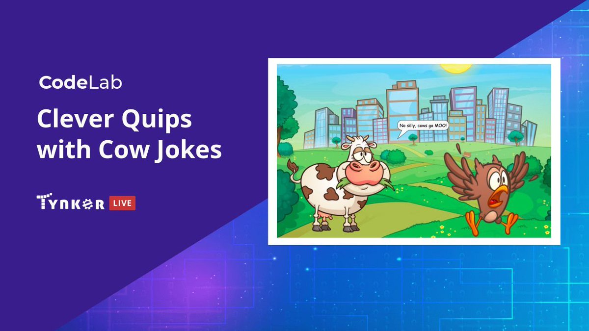 gotynker's tweet image. "CodeLab goes live in 10 minutes!
Today we’re practicing animation, timing, and dialogue by programming a cow to tell a joke! Invite your students to join our special guests at 11am PT/2pm ET. gotyn.kr/codelab #everystudentcancode #hourofcode #CSK8 #LIVE"