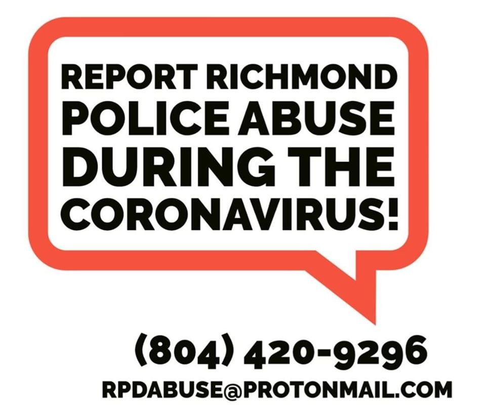  @RTAP police abuse hotline  @NewVAMajority COVID Incarceration Protection Petition  https://www.newvirginiamajority.org/protectourpeople @JusticeforMDP No Policing in Mental Health -  @studentpowervcu campaign