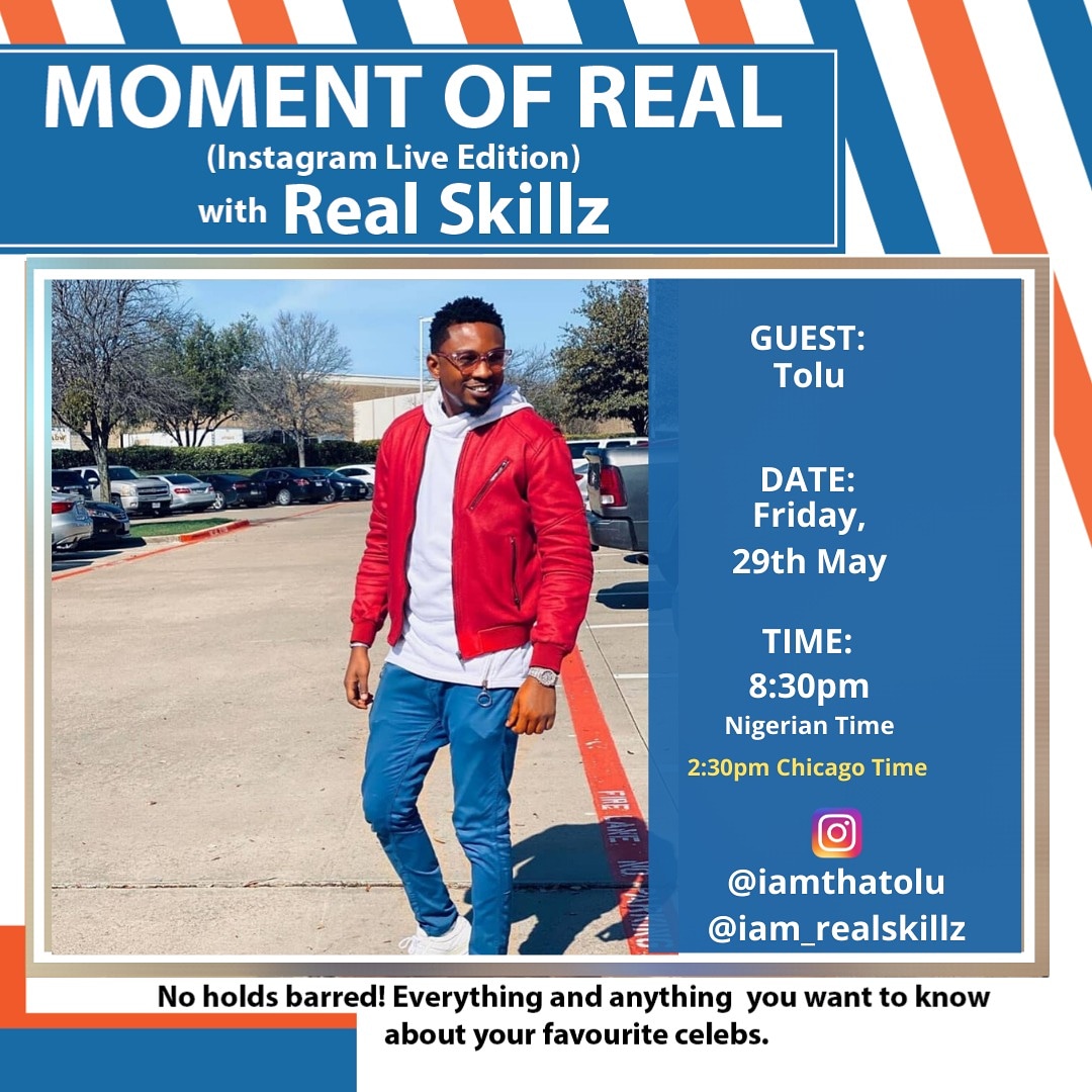 iam_RealSkillz's tweet photo. From Project Fame, on to making his mark in the land, and then on to outside the shores of Nigeria chasing something bigger! β’ β’ My Guest Tonight on #MomentOfReal is @iamthatolu πππ β’ β’ #AllQuestions #TruthAndNothingButTheTruth SET YOUR ALARMS β°β°π₯π₯π₯ https://t.co/1ToSMYEv2Z